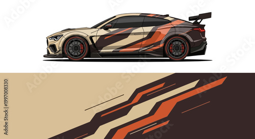 Sleek sports race car with bold orange and brown racing stripes on a white background.