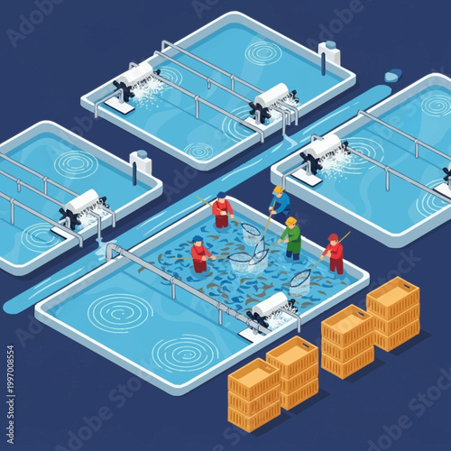 Fish farm workers harvesting seafood.