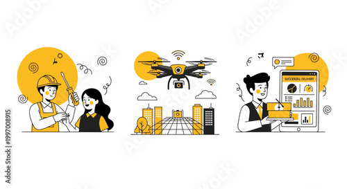 Drone tech repair man girl fly sky box mail ship fast work art app pro