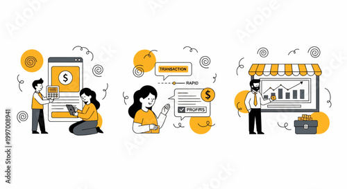 Fintech growth solutions including professional people managing business transactions and tracking profit statistics for digital startups