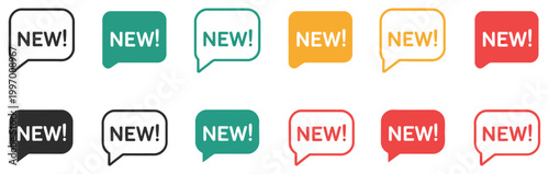 New sticker and label icon collection, speech bubble tags for special offers and new arrivals, marketing and promotion symbols, simple modern vector design.