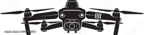 Black drone icon, aerial vehicle illustration, quadcopter design, unmanned aircraft vector