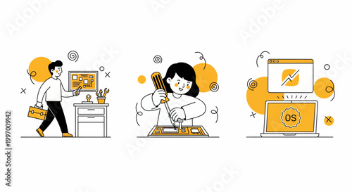 Professional computer hardware repair technician fixing motherboard and installing operating system software in flat vector style
