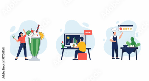 Influencer food review and digital marketing analysis with professional chef presenting a restaurant rating and service feedback concept