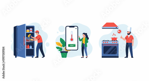 Fix fridge use app and chef cook at stove for smart home food work aid