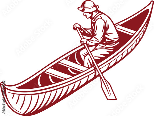 Realistic Canoe Wooden Boat Design. Traditional Canoe Watercraft Side View. Wooden Canoe Lake Travel Illustration. Classic Canoe River Adventure Scene. Canoe Boat Natural Outdoor Setting.