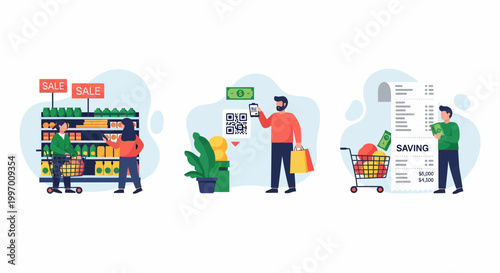 People shopping at grocery store choosing food products paying with qr code and saving money on budget