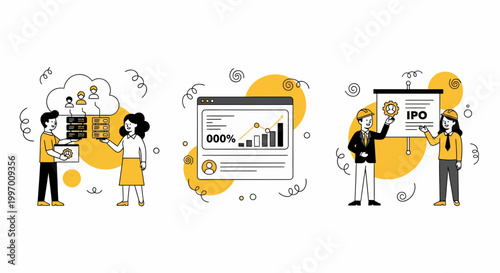 Business SaaS growth team work for IPO success with cloud data and tech for startup