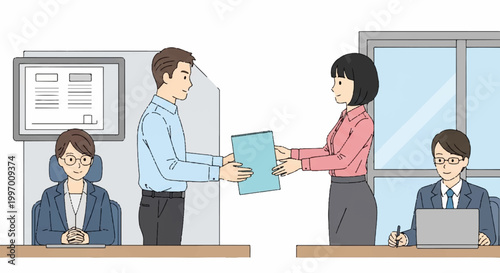 Business colleagues in an office setting engaged in a professional document exchange, highlighting teamwork and collaboration among diverse employees.