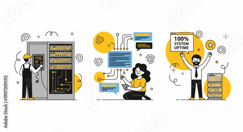 Professional IT specialists managing data center server infrastructure to ensure hundred percent system uptime success