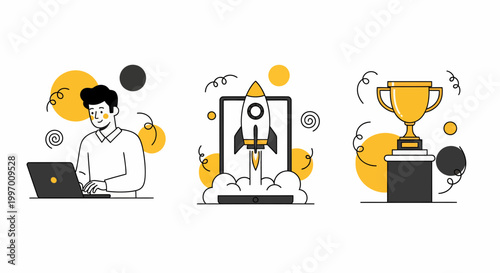 Professional man work on laptop and rocket ship launch and trophy cup for business growth success achievement