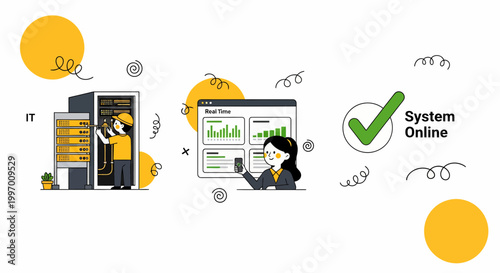 IT Guy Fix Rack And Girl Check Screen So The Work Hub Is Up And Good