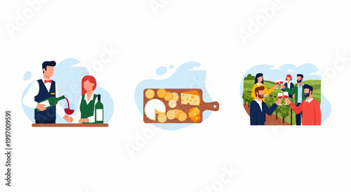 Wine and cheese tasting set with people drinking in vineyard and sommelier serving red wine drink