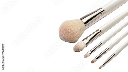 Different types of makeup brushes arranged in a line on a white background for various beauty tasks and purposesmakeup, brushes, beauty, cosmetics, tools, application, routine, blending, angled, flat,