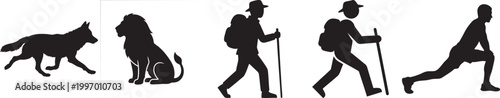 Black silhouette icons of animals and adventurous hiking people with backpacks.
