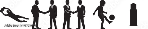 Black silhouette icons of sports soccer goalkeeper business handshake and building.