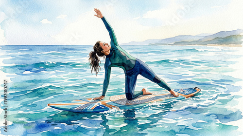 Young woman surfing on paddle board in ocean during sunny day  