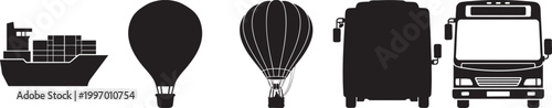 Vector silhouette set featuring cargo ship hot air balloons and passenger bus front and rear views.