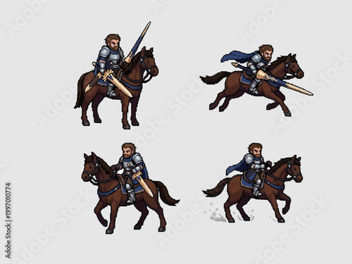 pixel art character spritesheet of a mounted knight on a brown horse with lance and sword for medieval game projects.