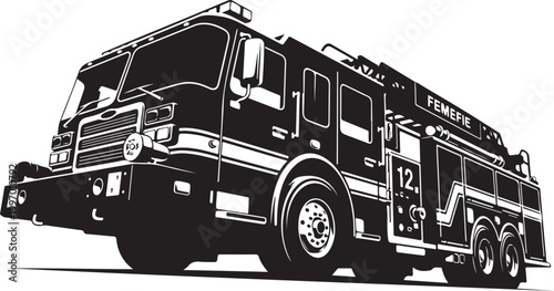 Fire truck, emergency vehicle, black and white illustration, vector graphics, fire engine, rescue truck
