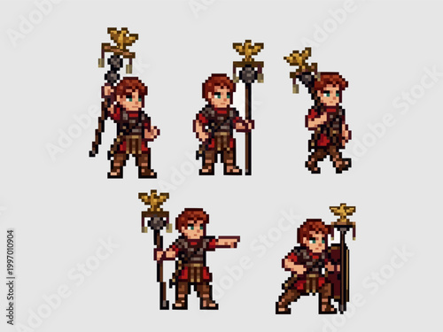 pixel art character spritesheet of a roman standard bearer holding an eagle staff signifer for legionary unit formations and battle.