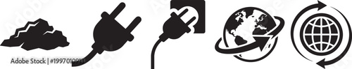 Energy and global connection icons featuring rocks power plugs and earth globe with arrows.