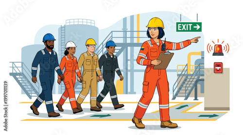 Emergency Evacuation Procedure Illustration with Diverse Industrial Workers Following Safety Leader in Oil and Gas Facility