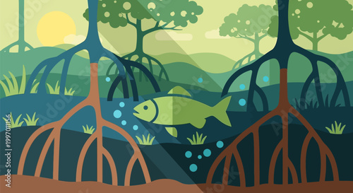 Fish swims through roots underwater scene.