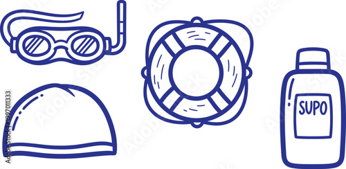 Doodle collection of essential summer water sports and safety equipment for recreational activities
