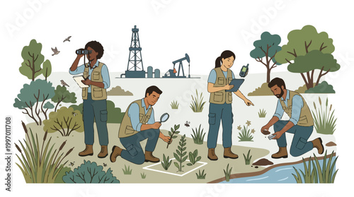 Environmental Monitoring Team Assessing Ecosystem Near Oil Industry Operations Diverse Professionals Field Research