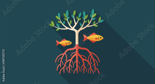 Tree with roots and fish swimming.