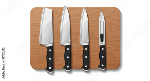 Four kitchen knives on a board.