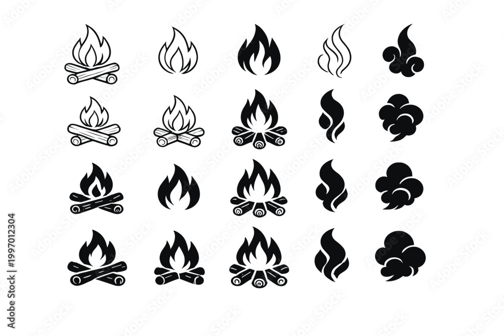Fototapeta premium Collection of black campfire icons featuring firewood logs, burning flames, and smoke wisps in outline and silhouette styles, perfect for camping, outdoor adventure, and survivalist graphics.