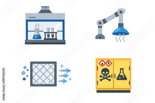 Laboratory Safety Equipment Icons Set Featuring Fume Hood with Glassware, Industrial Extraction Arm, HEPA Air Filter for Cleanrooms, and Yellow Chemical Storage Cabinet with Hazard Symbols