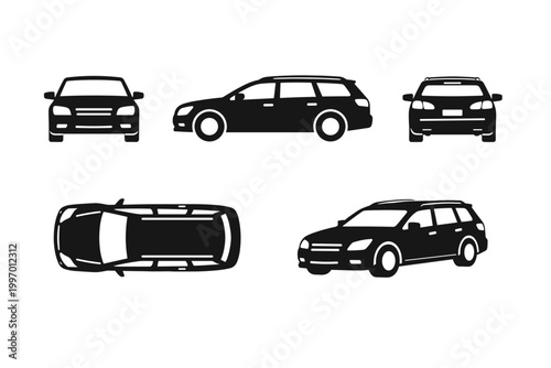 Black Station Wagon Car Vector Icons Set Featuring Multiple Perspectives: Front, Side, Rear, Top, and Three-Quarter View Silhouettes for Automotive Design, Technical Blueprints, and Web Graphics.