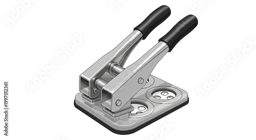 Metal hamburger press with black handles.