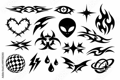 Set of Y2K Neotribal Graphic Shapes and Cyber Sigilism Tattoo Elements, Aesthetic 90s and 2000s Gothic Punk Streetwear Vector Assets Featuring Heart, Alien, Biohazard, Star, and Flame Designs