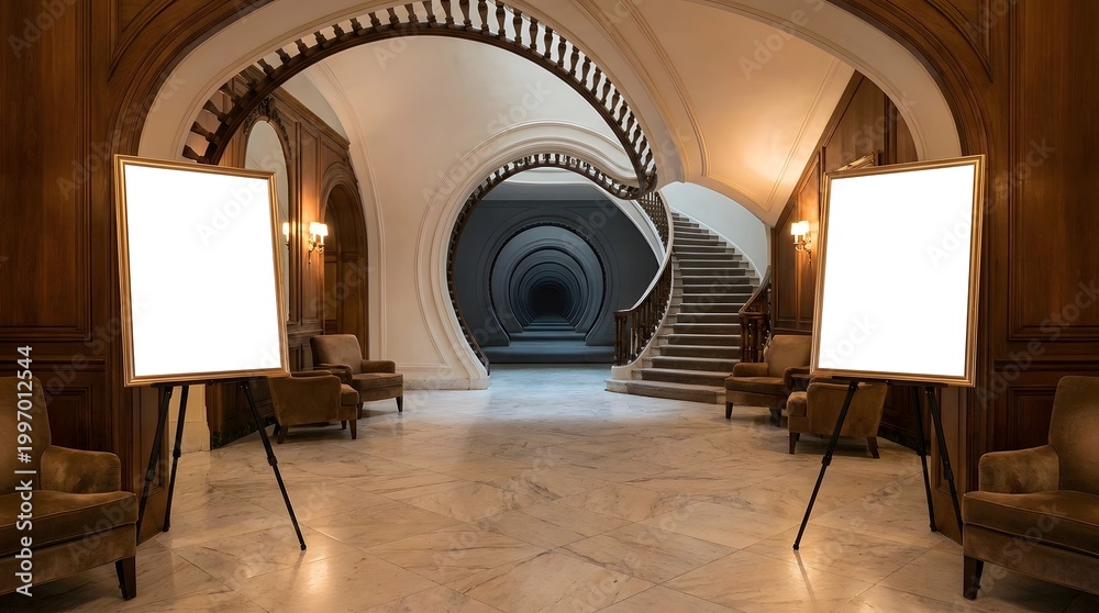 Fototapeta premium Elegant classic hall with spiral stairs and blank exhibition posters.