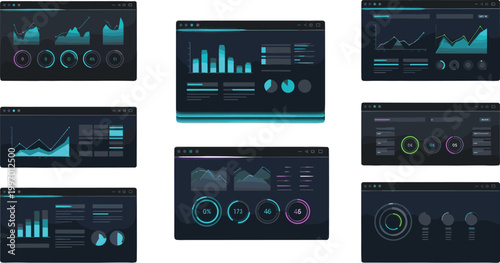 Dark business analytics dashboard vector set with charts, graphs, data panels and modern UI interface design elements