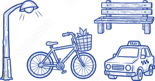 A whimsical sketch depicts a city scene with a lamppost park bench bicycle taxi and delivery vehicle all in blue line art