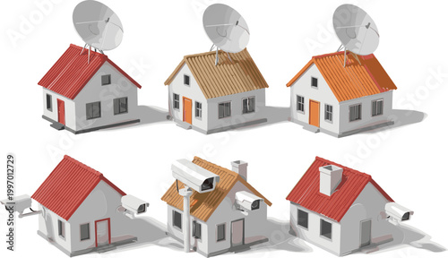 Set of 3D Illustrated Houses with Satellite Dishes and Security Cameras for Home, Surveillance, and Communication Designs