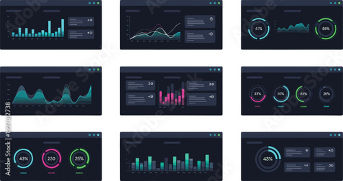 Dark UI analytics dashboard vector set with charts, graphs, data panels and modern business intelligence interface design