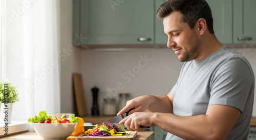 Dedicated man preparing a healthy, vegetable-rich salad in a bright kitchen for nutritious meals.