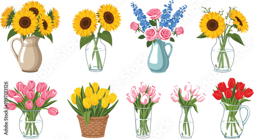 Flower Vase Vector Set with Sunflowers Roses Tulips and Spring Floral Arrangements in Glass and Ceramic Vases for Home Decor Design