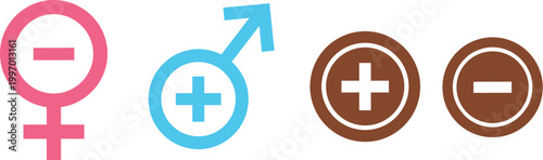 Gender Symbol and Plus Minus Icon Vector Set with Male Female Signs and Positive Negative Buttons for Medical Health and UI Design