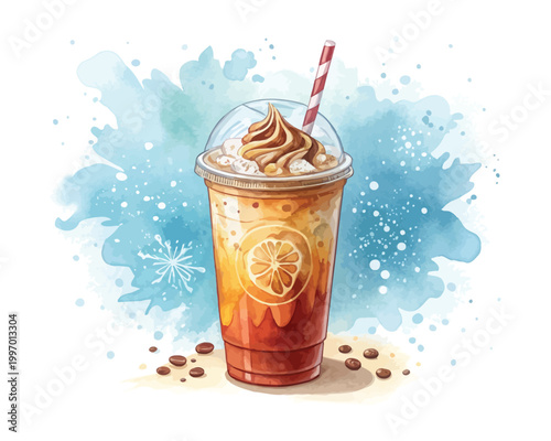 Watercolor Iced Coffee Icon, Cold Beverage Clipart, Isolated on White background