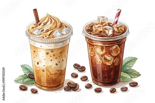 Hand-Painted Iced Coffee Watercolor, Refreshing Cold Beverage Clipart, Isolated Vector Illustration