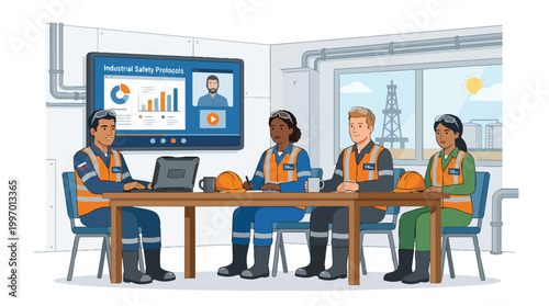 Industrial Safety Training Session with Diverse Workers in Oil and Gas Industry Vector Illustration