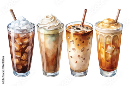 set of Watercolor Iced Coffee Icon, Cold Beverage Clipart, vector illustration Isolated on White background