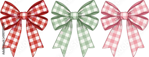 Set of Checkered Bow Ribbons in Red, Green, and Pink for Fashion, Crafts, and Gift Wrapping Designs